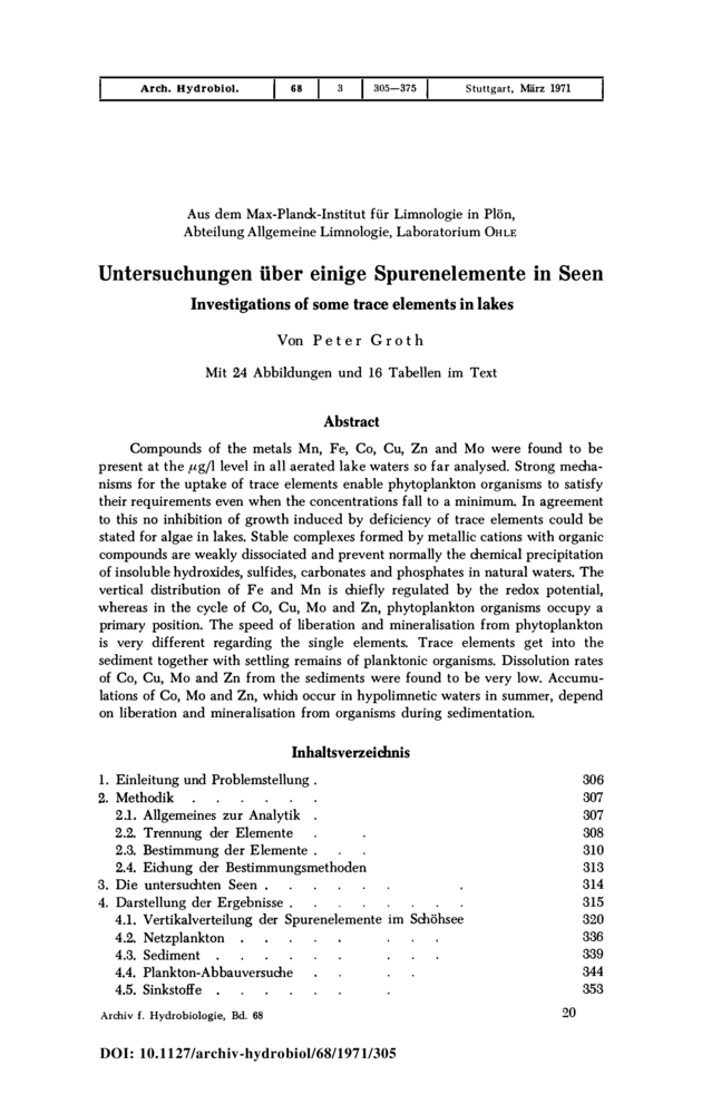 Image of first page of: Investigations of some trace elements in lakes