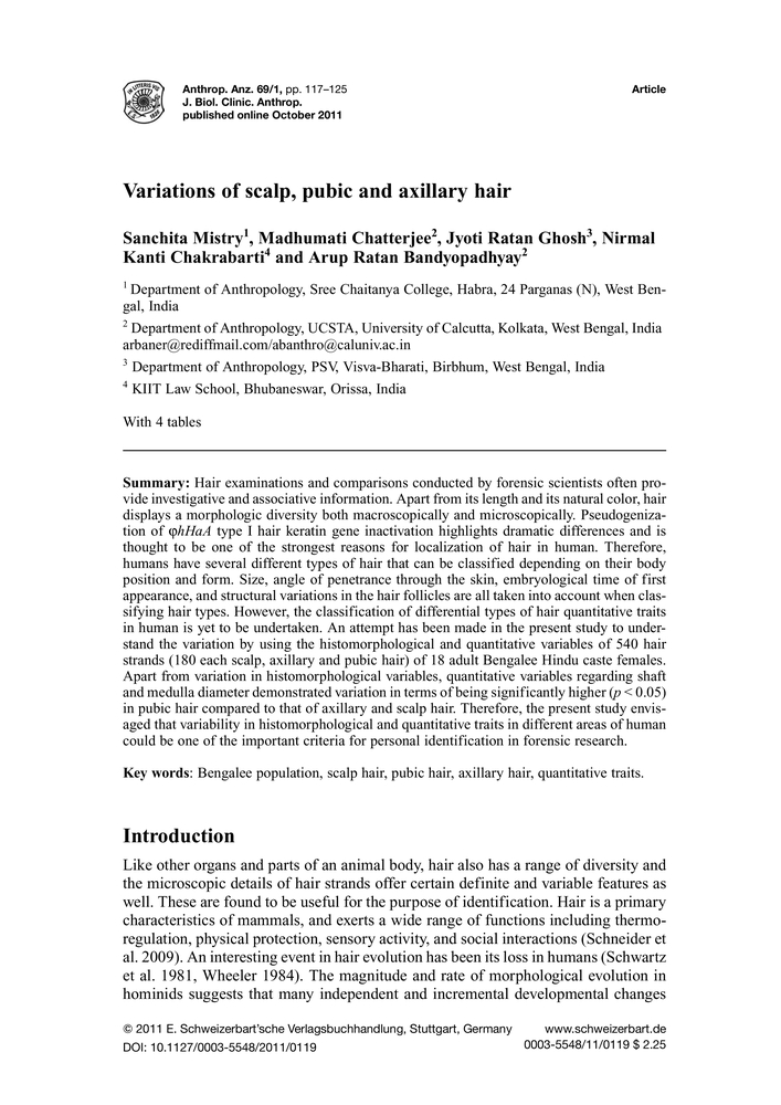 Variations of scalp, pubic and axillary hair - Anthropologischer Anzeiger  Volume 69 No. 1 — Schweizerbart science publishers