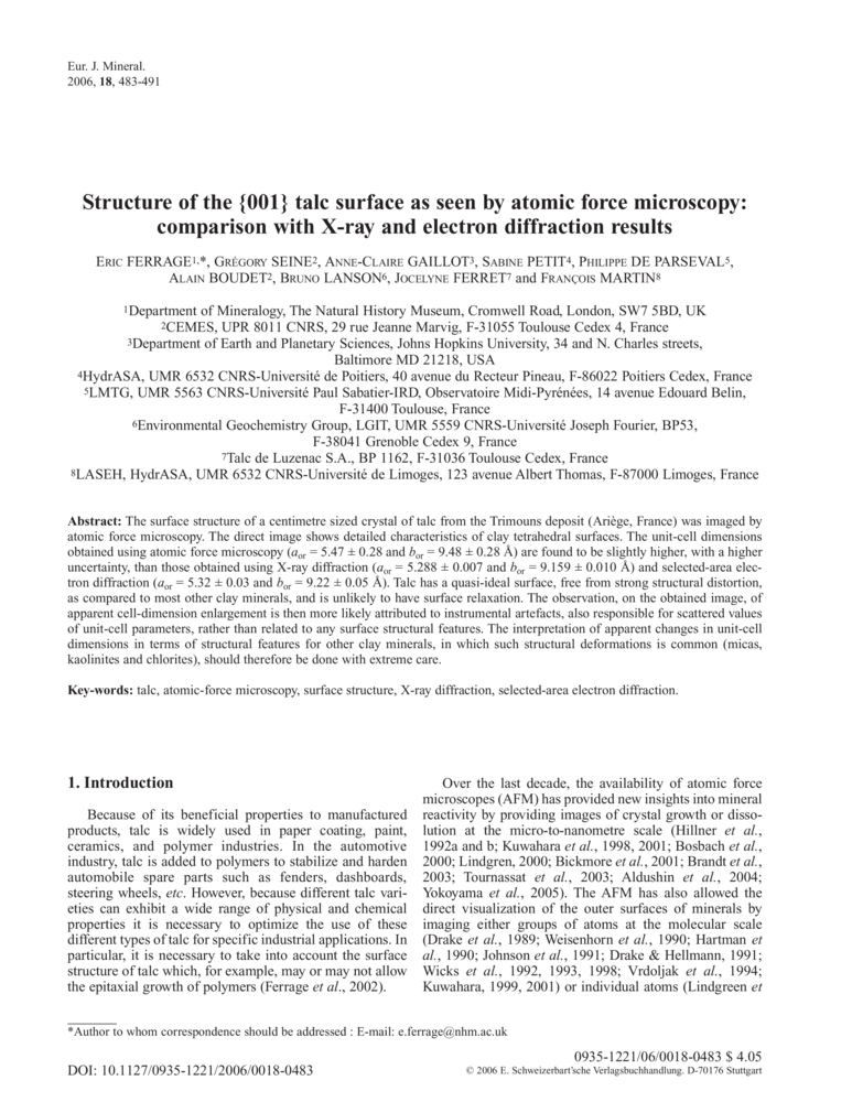 Structure of the {001} talc surface as seen by atomic force microscopy ...